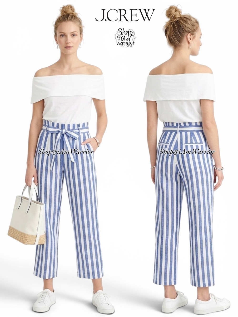 J.Crew Blue & White Striped Linen Blend Paperbag Tie-Waist Wide-Leg Pants